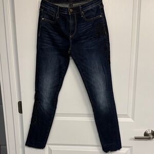 Aqua Dark Indigo Ankle Jeans with partial black embroidery on sides. Size 27